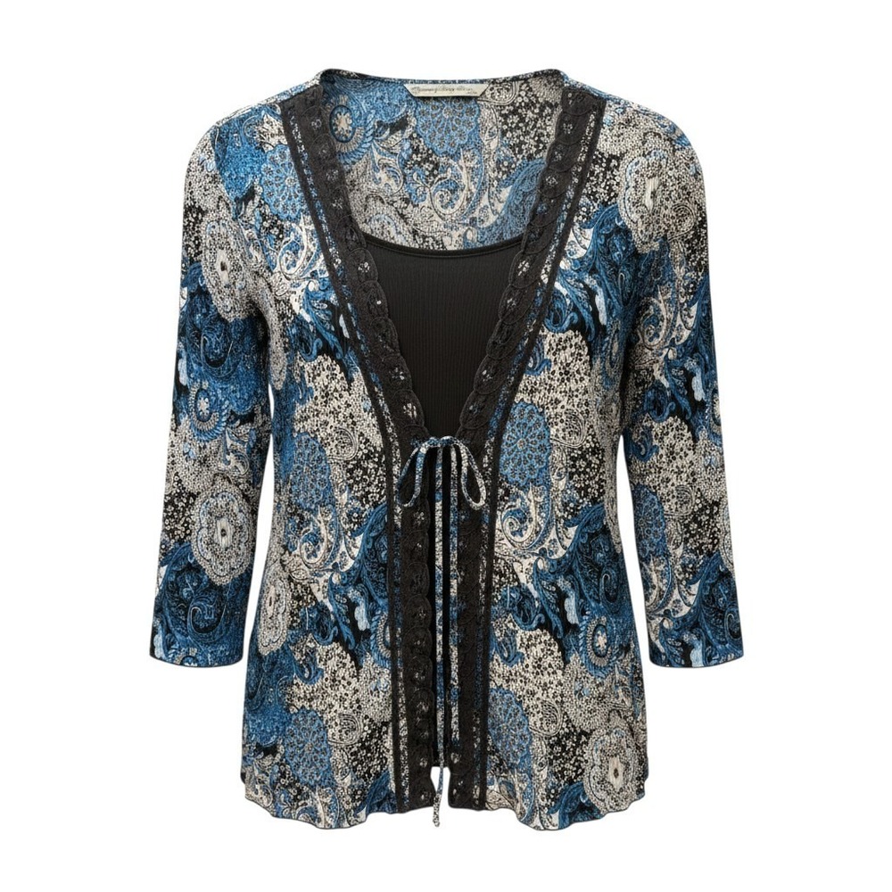 Signature by Larry Levine Blue Paisley Pleated 2 Piece Set Cardigan Tank‎ PS